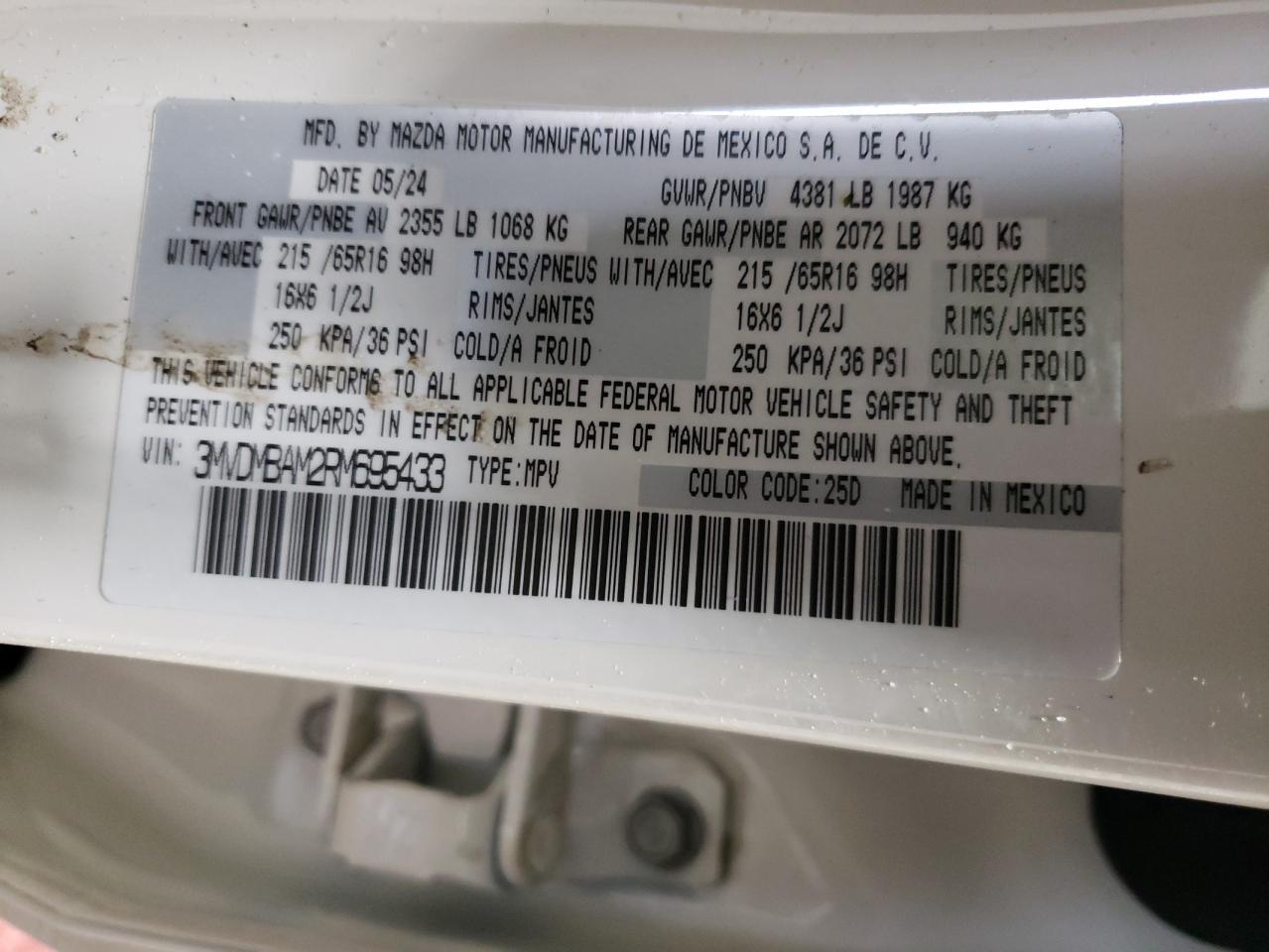 2024 Mazda CX-30 VIN 3MVDMBAM2RM695433 Copart auction photo, rear end damage thumbnail 13