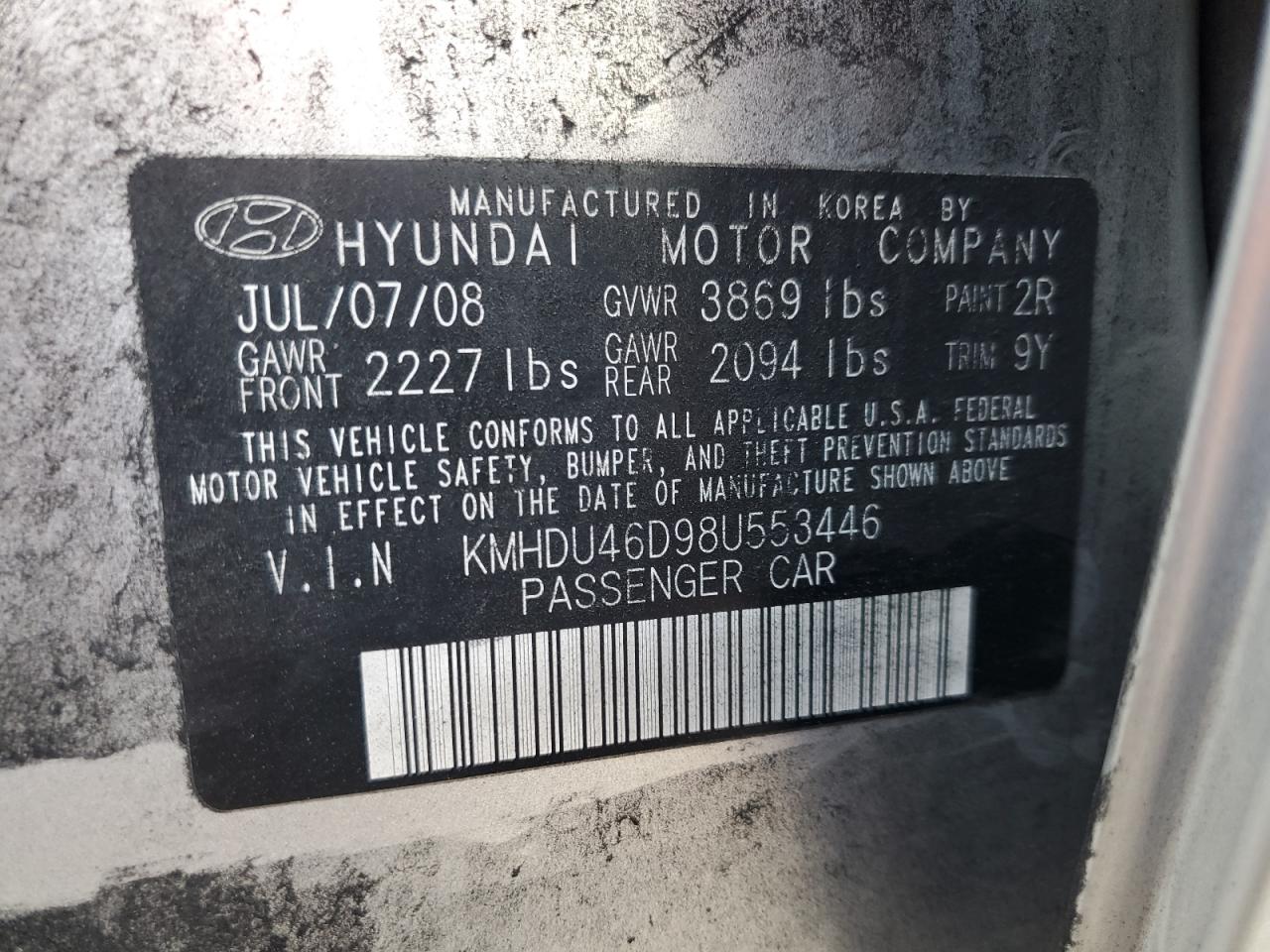 2008 Hyundai Elantra VIN KMHDU46D98U553446 Copart auction photo, front end / rear end damage thumbnail 13