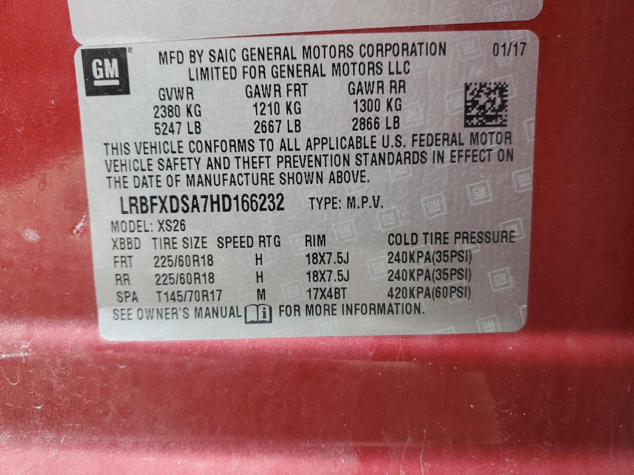 2017 Buick Envision VIN LRBFXDSA7HD166232 Copart auction photo, side damage thumbnail 15