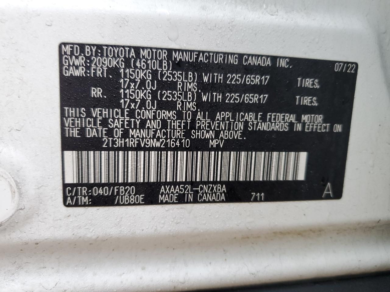2022 Toyota RAV 4 VIN 2T3H1RFV9NW216410 Copart auction photo, front end / frame damage damage thumbnail 16