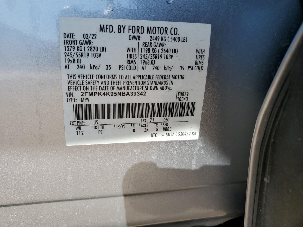 2022 Ford Edge VIN 2FMPK4K95NBA39342 Copart auction photo, side / rear end damage thumbnail 13