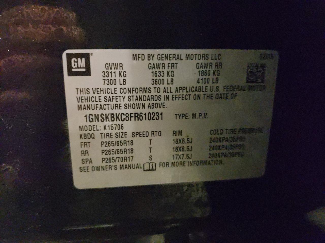 2015 Chevrolet Tahoe VIN 1GNSKBKC8FR610231 Copart auction photo, front end damage thumbnail 15