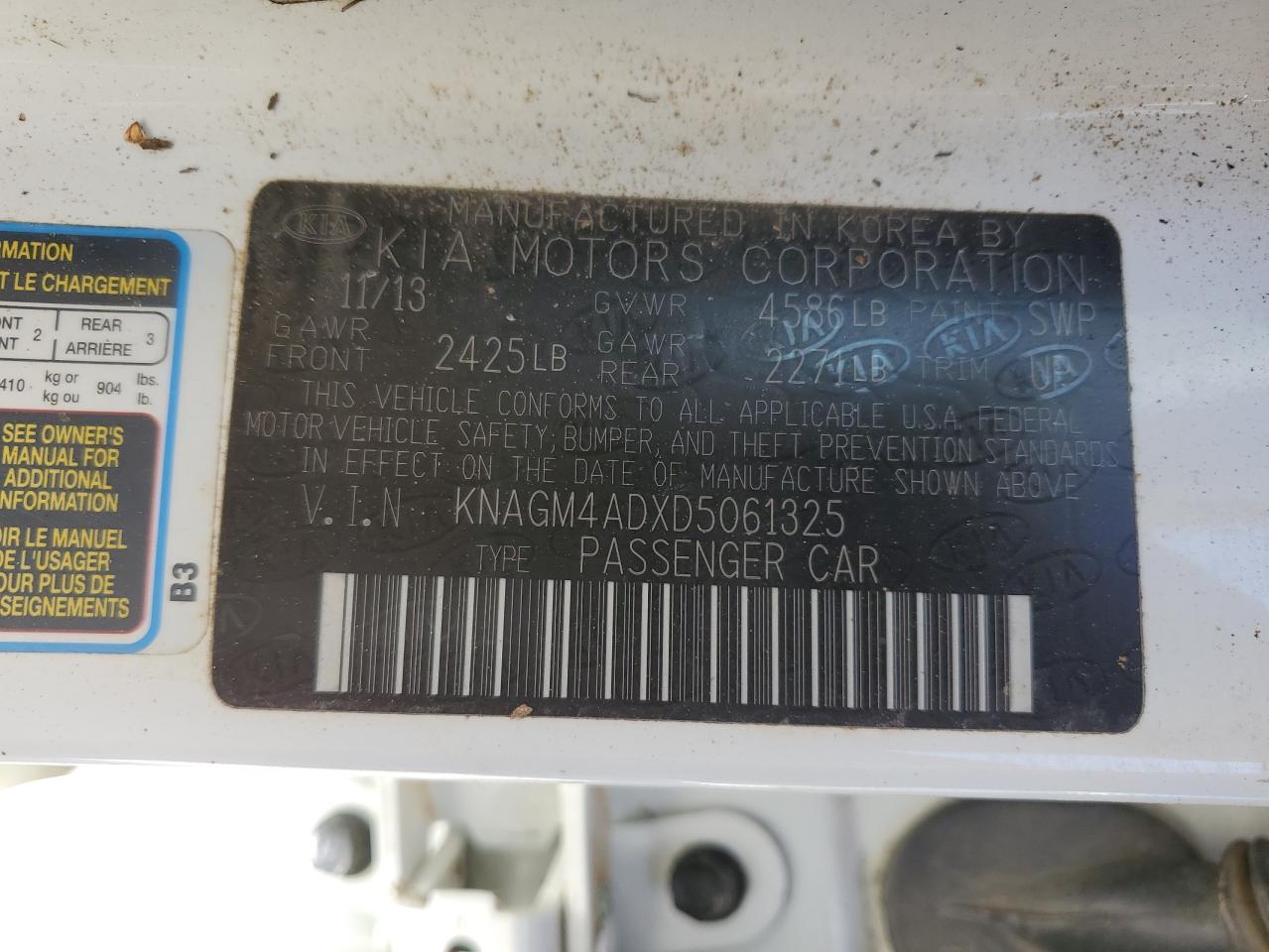 2013 KIA Optima VIN KNAGM4ADXD5061325 Copart auction photo, water/flood / side damage thumbnail 13