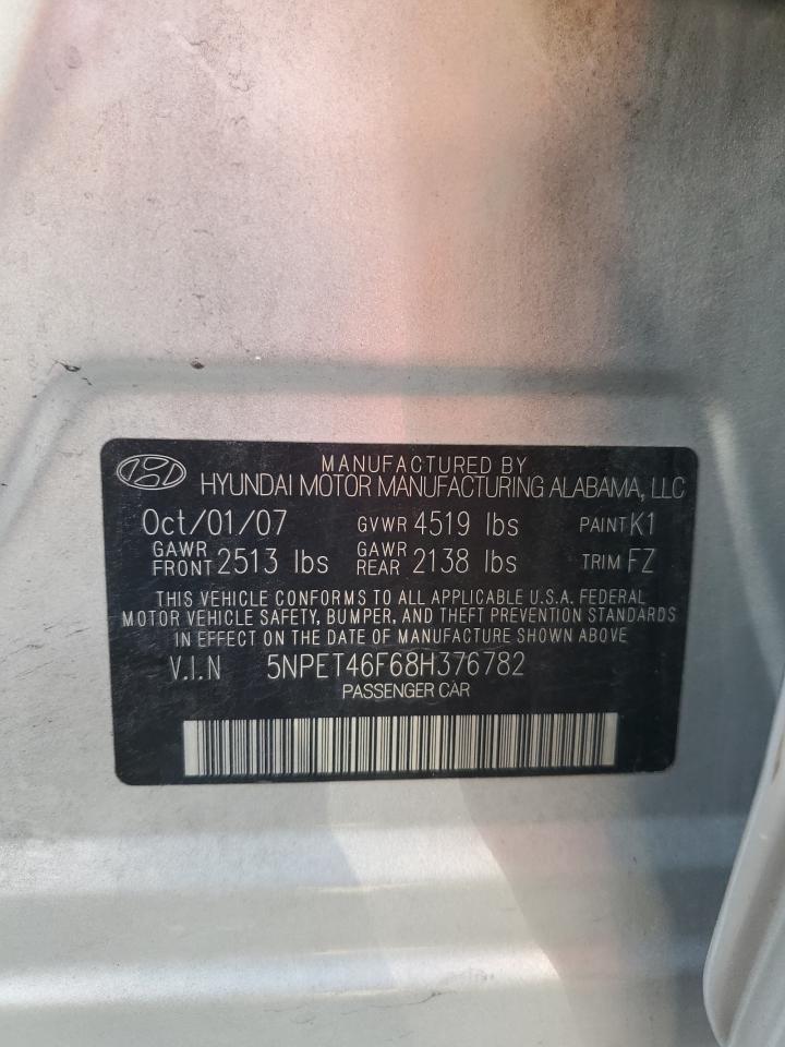 2008 Hyundai Sonata VIN 5NPET46F68H376782 Copart auction photo, front end / side damage thumbnail 12