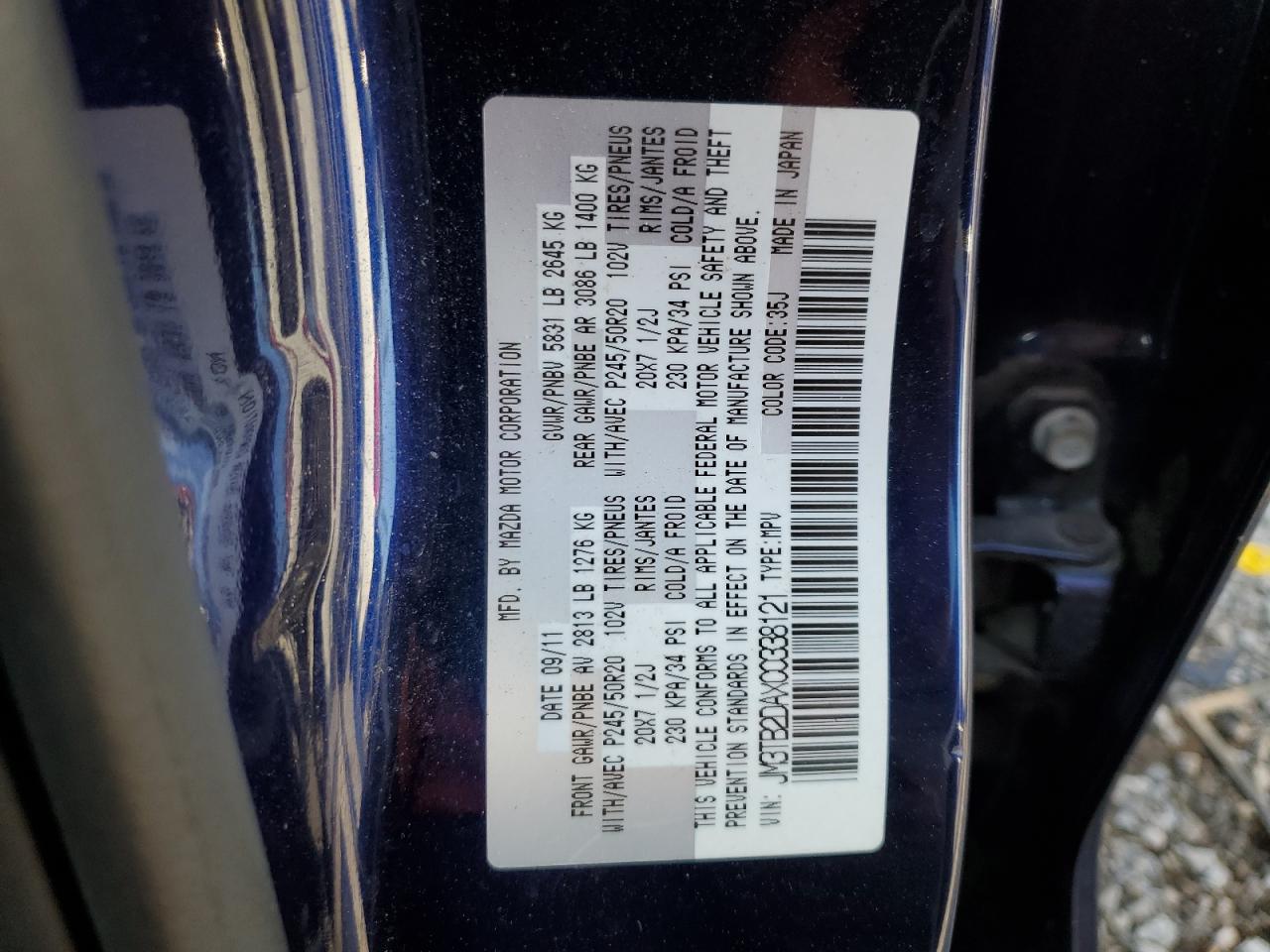 2012 Mazda CX-9 VIN JM3TB2DAXC0338121 Copart auction photo, front end / rear end damage thumbnail 15