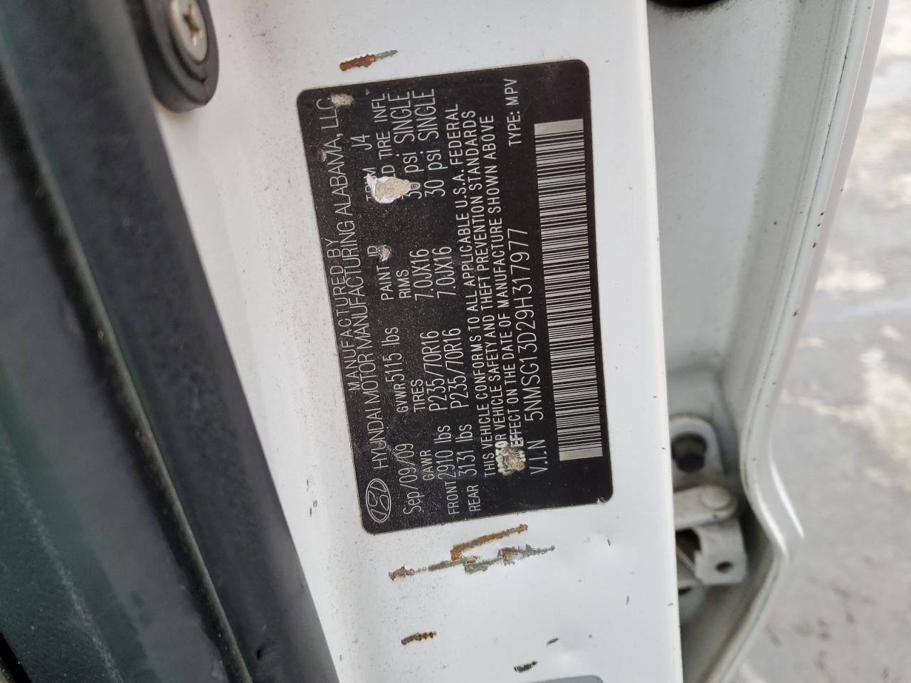 2009 Hyundai Santa Fe VIN 5NMSG13D29H317977 Copart auction photo, front end damage thumbnail 15