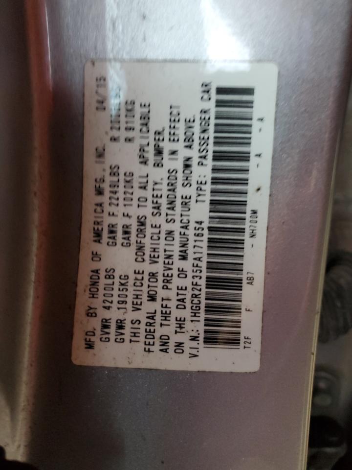 2015 Honda Accord VIN 1HGCR2F35FA171654 Copart auction photo, rear end / front end damage thumbnail 12