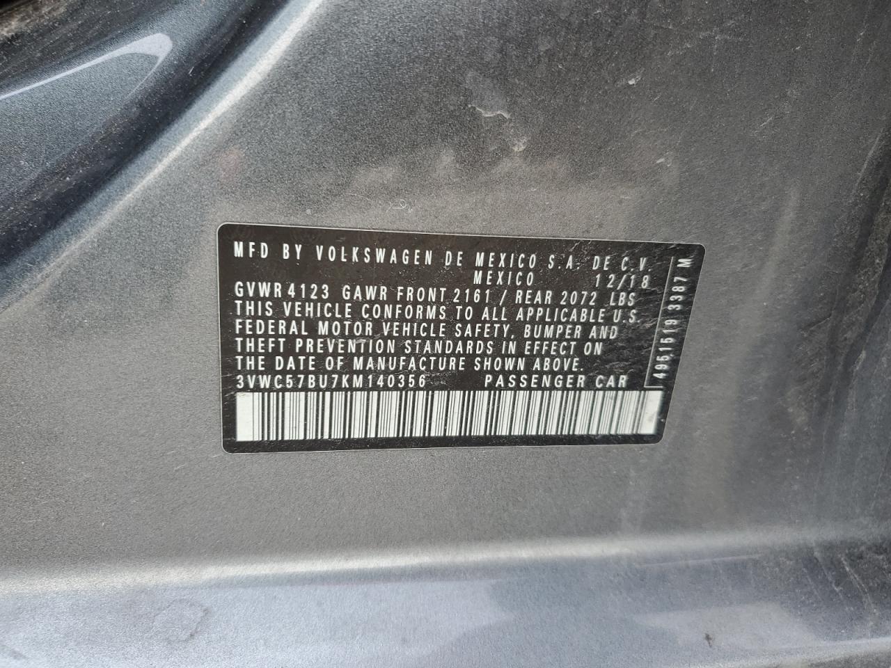 2019 Volkswagen Jetta VIN 3VWC57BU7KM140356 Copart auction photo, front end / side damage thumbnail 12