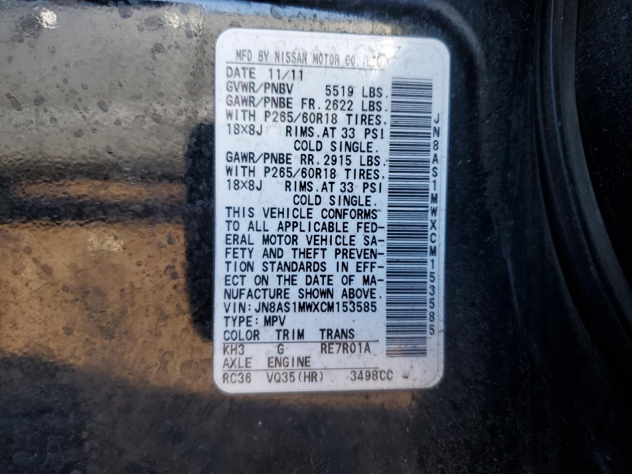 2012 Infiniti FX VIN JN8AS1MWXCM153585 Copart auction photo, side / hail damage thumbnail 15