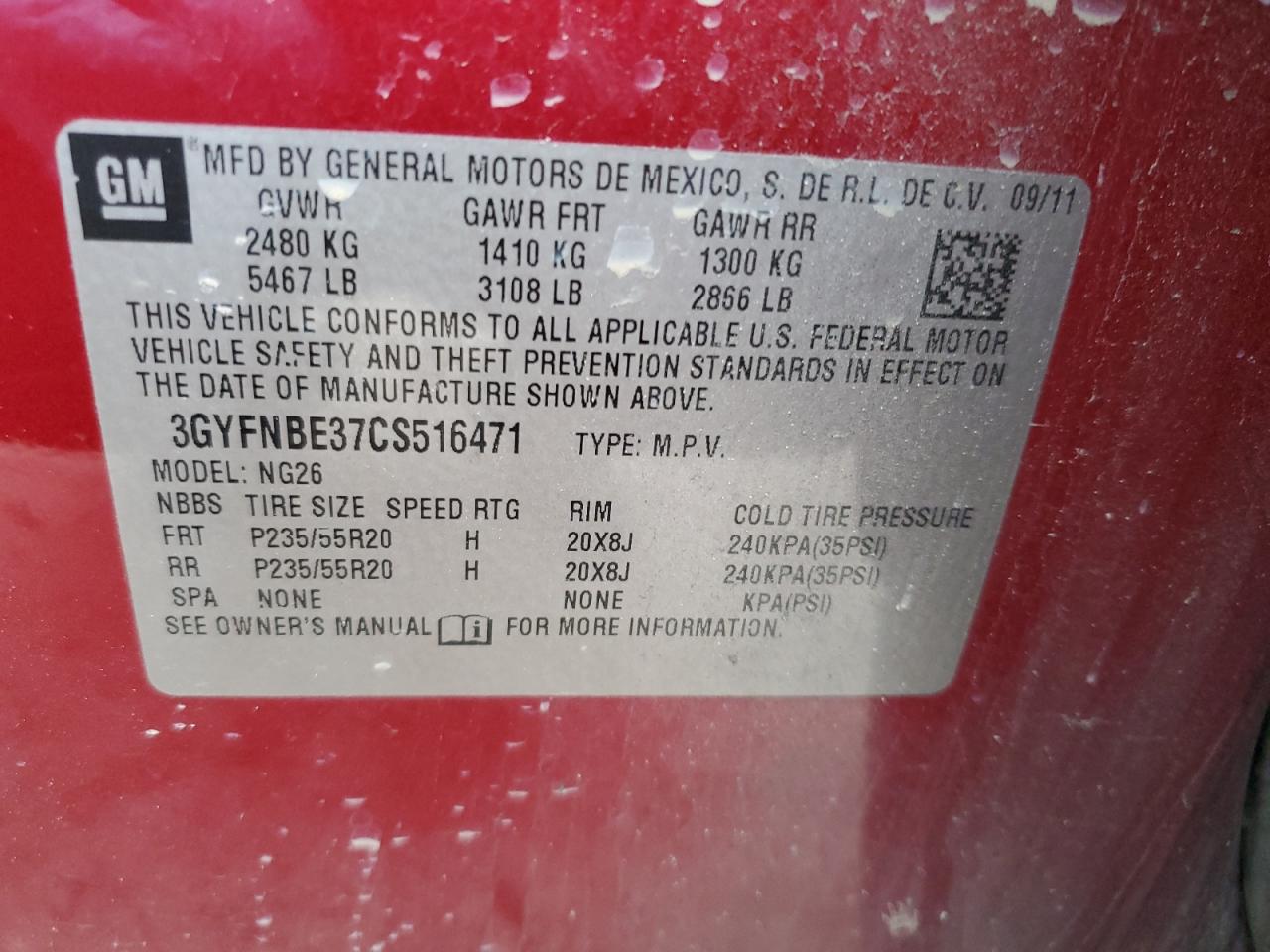 2012 Cadillac SRX VIN 3GYFNBE37CS516471 Copart auction photo, front end damage thumbnail 13