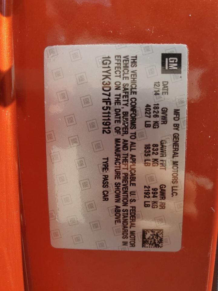 2015 Chevrolet Corvette VIN 1G1YK3D71F5111912 Copart auction photo, water/flood damage thumbnail 13