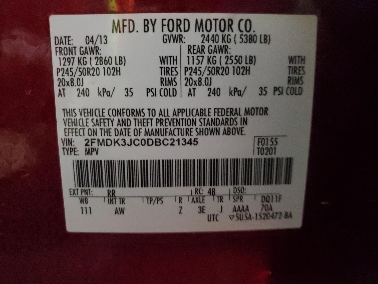 2013 Ford Edge VIN 2FMDK3JC0DBC21345 Copart auction photo, front end damage thumbnail 16