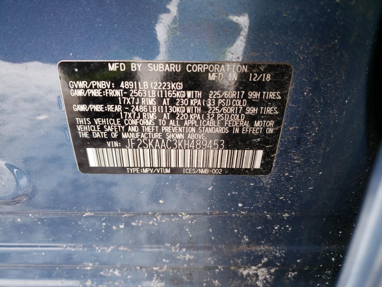 2019 Subaru Forester VIN JF2SKAAC3KH489453 Copart auction photo, front end / undercarriage damage thumbnail 13