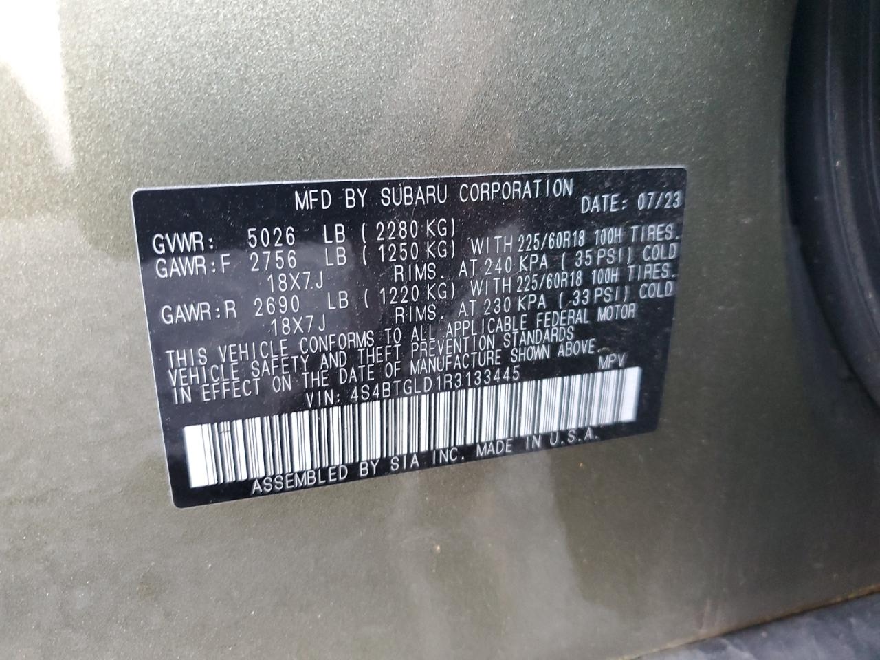 2024 Subaru Outback VIN 4S4BTGLD1R3133445 Copart auction photo, front end damage thumbnail 12