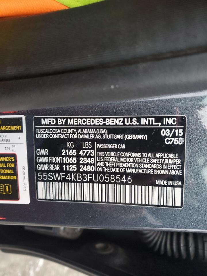 2015 Mercedes-Benz C-klasse VIN 55SWF4KB3FU058546 Copart auction photo, rear end damage thumbnail 13