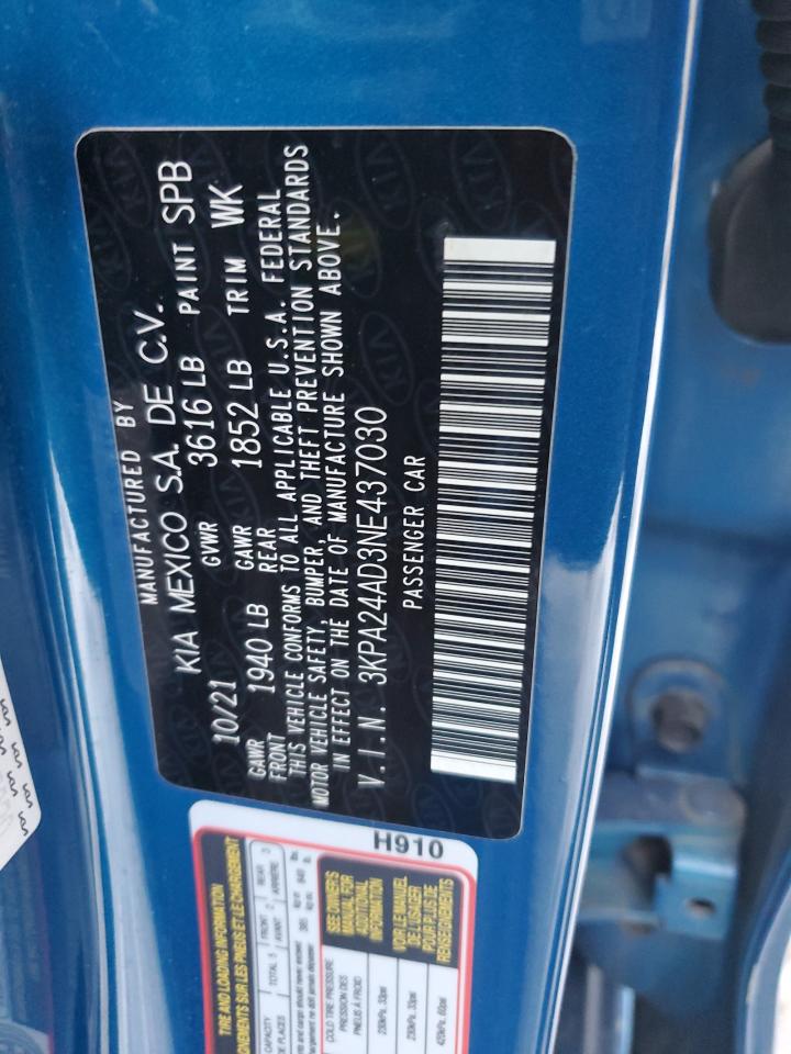 2022 KIA Rio VIN 3KPA24AD3NE437030 Copart auction photo, side damage thumbnail 12