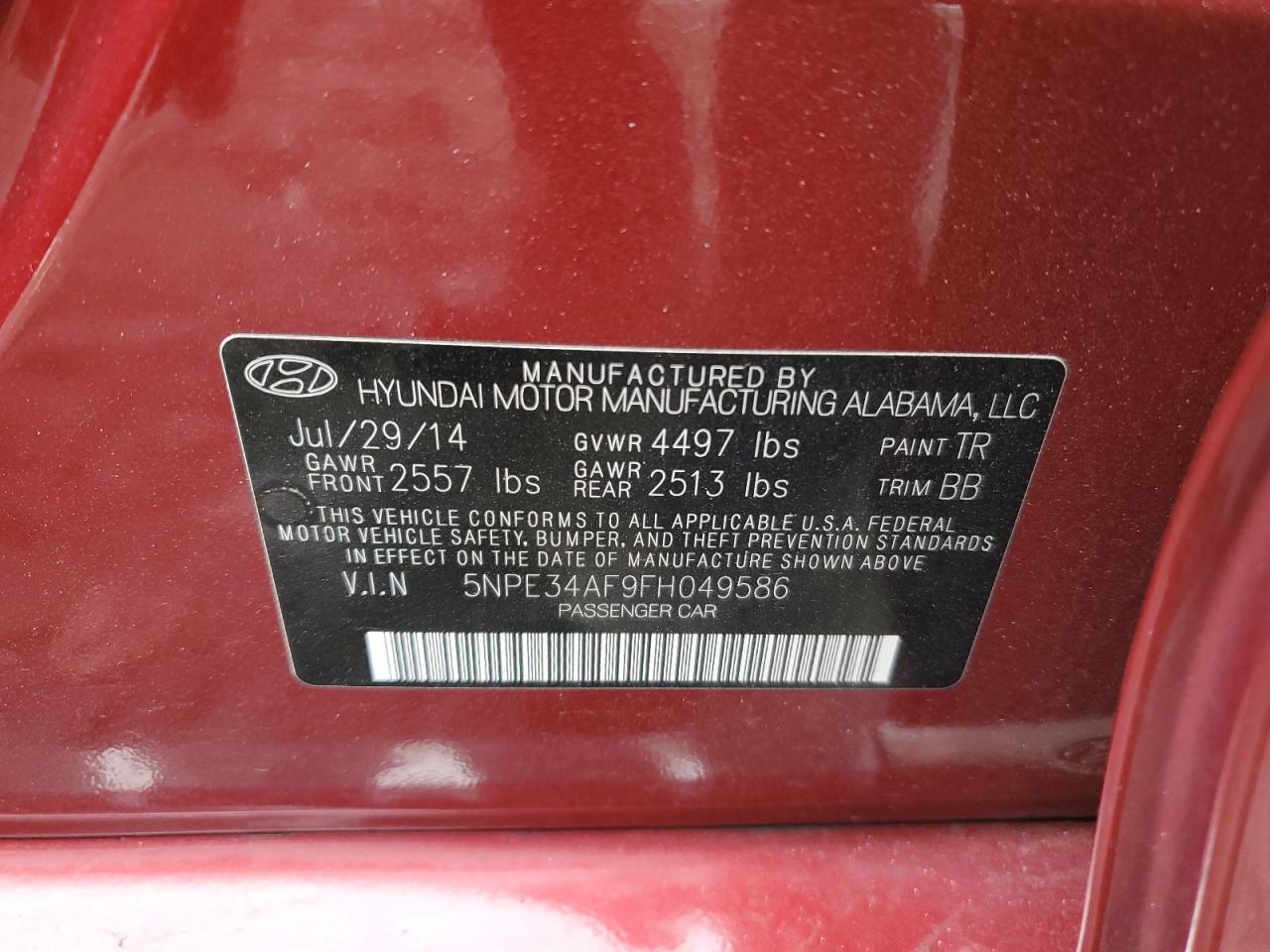 2015 Hyundai Sonata VIN 5NPE34AF9FH049586 Copart auction photo, front end damage thumbnail 12