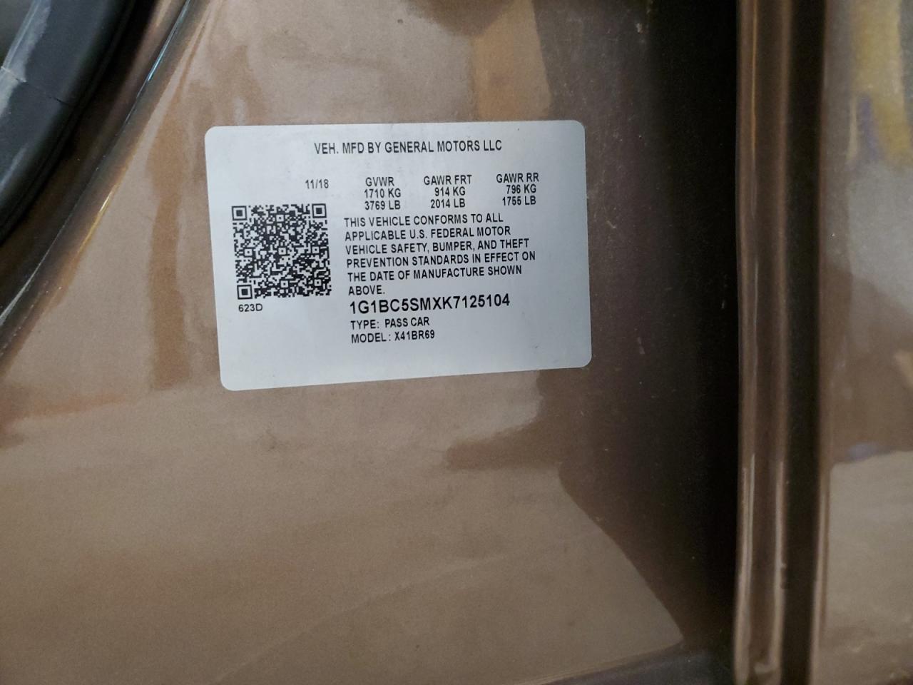2019 Chevrolet Cruze VIN 1G1BC5SMXK7125104 Copart auction photo, rollover damage thumbnail 12