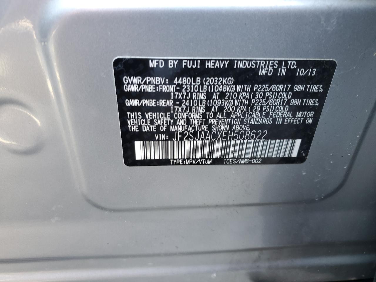 2014 Subaru Forester VIN JF2SJAACXEH508622 Copart auction photo, side / front end damage thumbnail 13