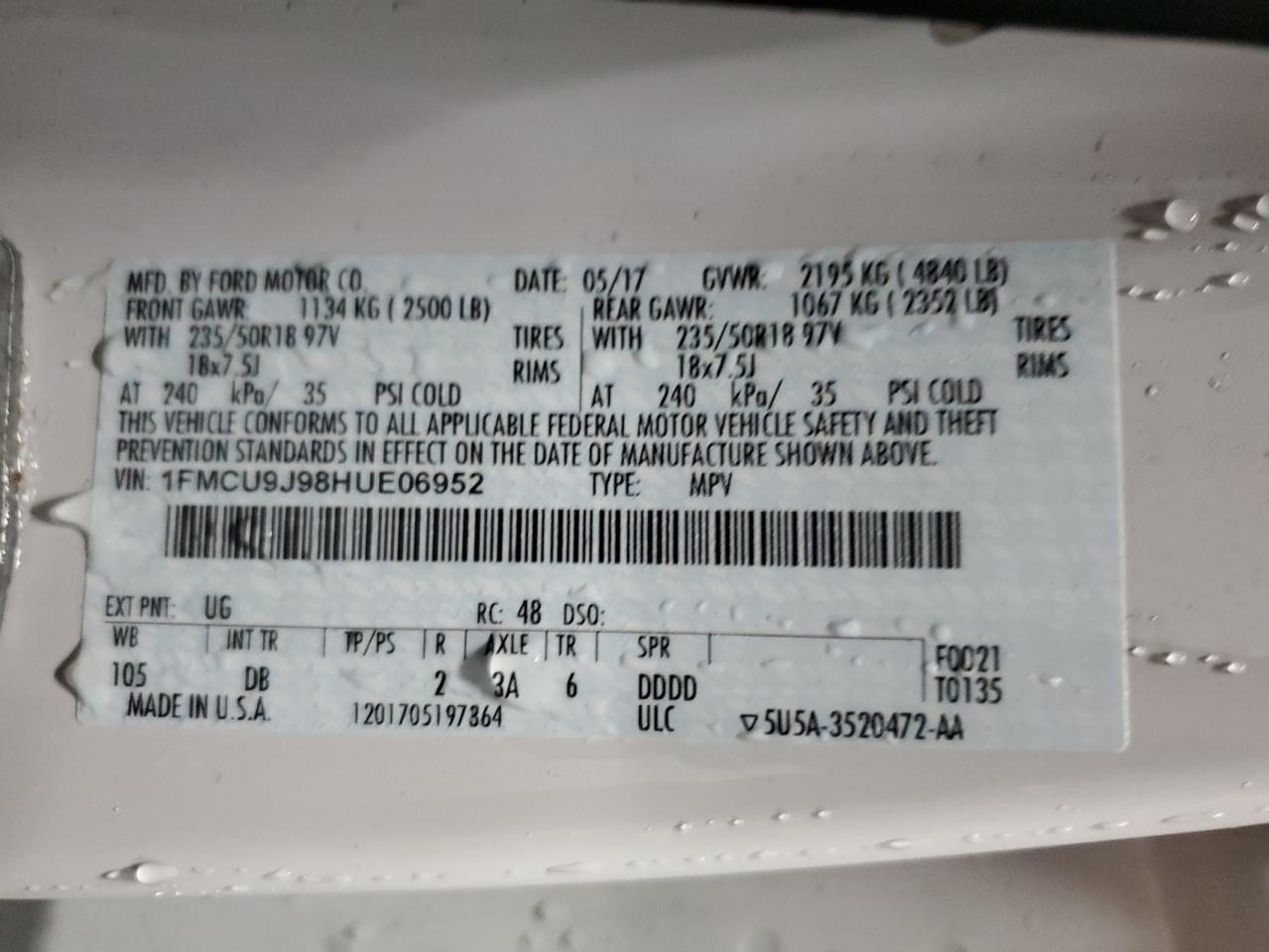 2017 Ford Escape VIN 1FMCU9J98HUE06952 Copart auction photo, front end / side damage thumbnail 13