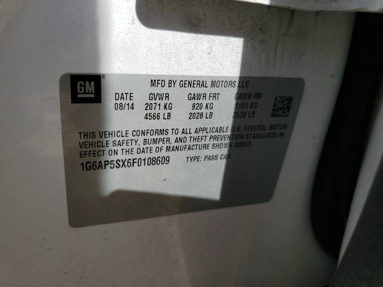 2015 Cadillac CTS VIN 1G6AP5SX6F0108609 Copart auction photo, front end damage thumbnail 13