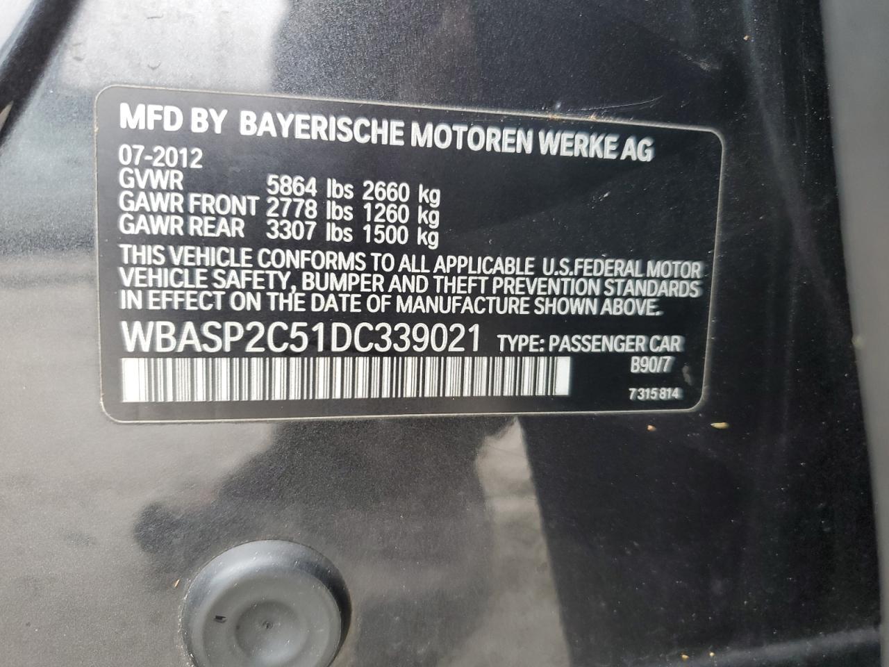 2013 BMW 5er VIN WBASP2C51DC339021 Copart auction photo, water/flood damage thumbnail 13