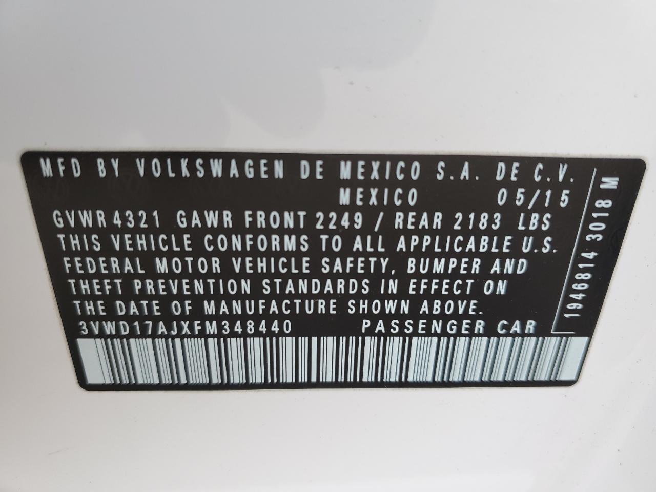 2015 Volkswagen Jetta VIN 3VWD17AJXFM348440 Copart auction photo, front end / minor dent/scratches damage thumbnail 12