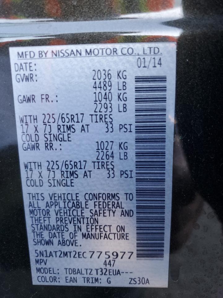 2014 Nissan Rogue VIN 5N1AT2MT2EC775977 Copart auction photo, rear end damage thumbnail 13