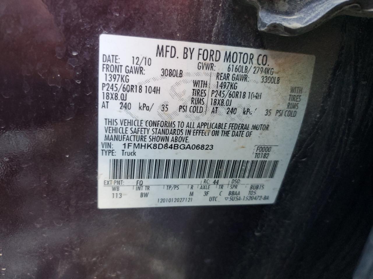 2011 Ford Explorer VIN 1FMHK8D84BGA06823 Copart auction photo, front end damage thumbnail 13