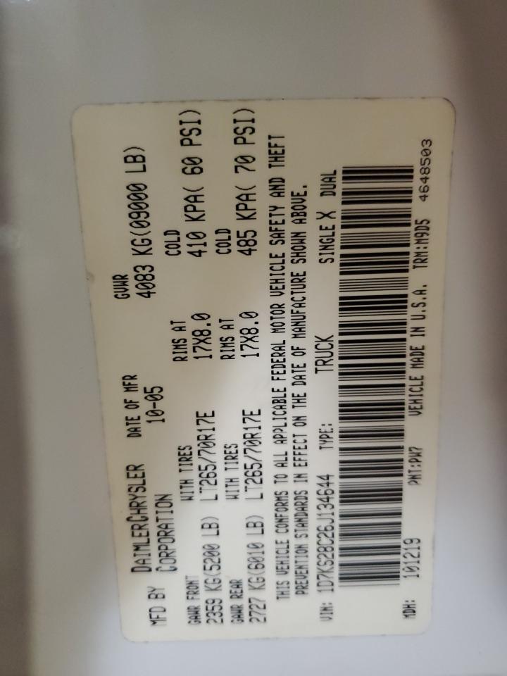2006 Dodge RAM VIN 1D7KS28C26J134644 Copart auction photo, front end / rear end damage thumbnail 12
