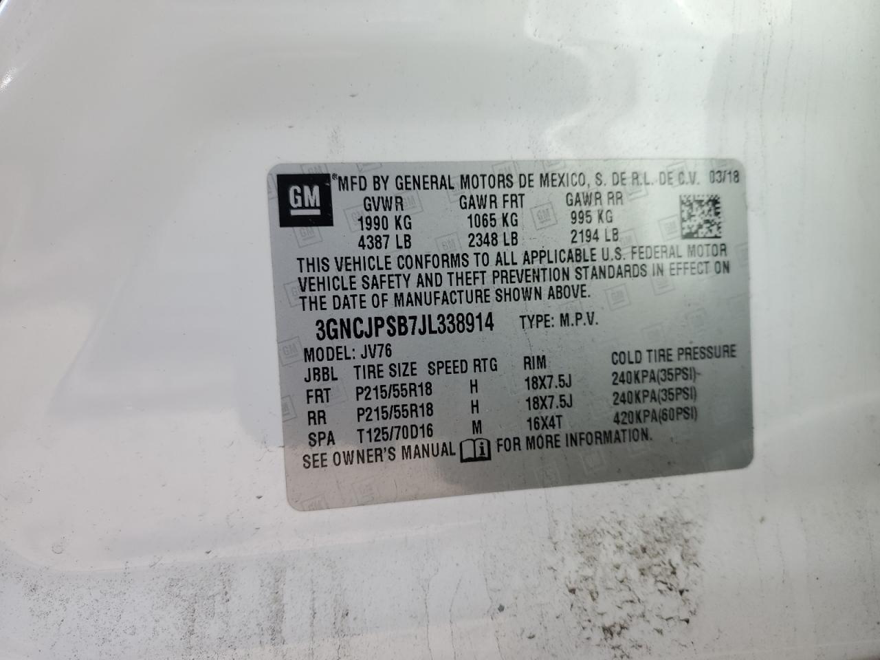 2018 Chevrolet Trax VIN 3GNCJPSB7JL338914 Copart auction photo, front end / minor dent/scratches damage thumbnail 14