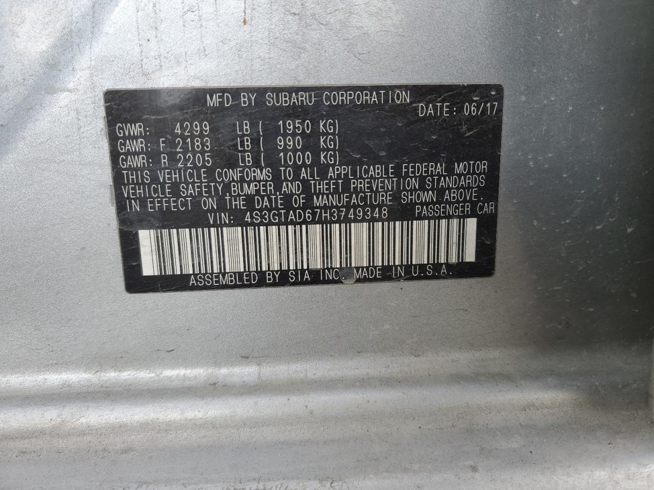 2017 Subaru Impreza VIN 4S3GTAD67H3749348 Copart auction photo, front end / minor dent/scratches damage thumbnail 14