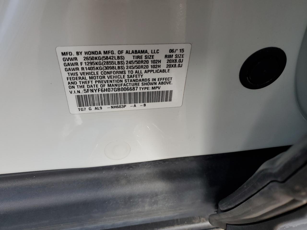2016 Honda Pilot VIN 5FNYF6H07GB006687 Copart auction photo, rear end / minor dent/scratches damage thumbnail 15