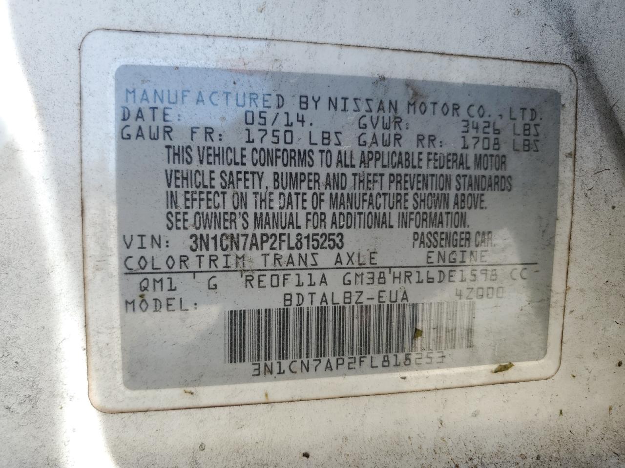 2015 Nissan Versa VIN 3N1CN7AP2FL815253 Copart auction photo, front end / rear end damage thumbnail 12