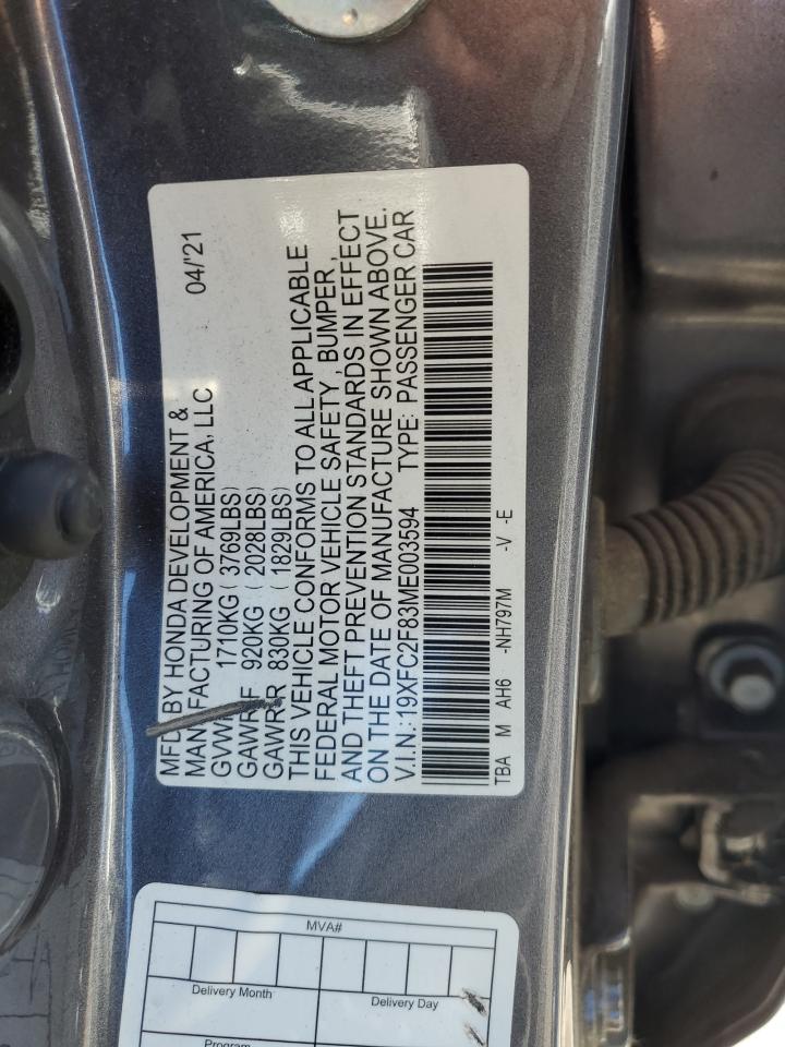 2021 Honda Civic VIN 19XFC2F83ME003594 Copart auction photo, front end damage thumbnail 14