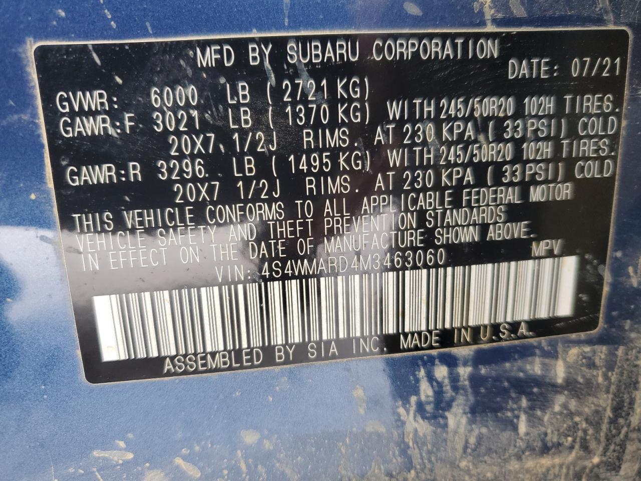 2021 Subaru Ascent VIN 4S4WMARD4M3463060 Copart auction photo, front end / rejected repair damage thumbnail 14