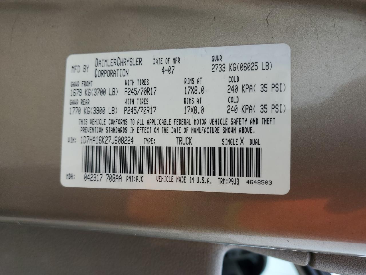 2007 Dodge RAM VIN 1D7HA16K27J608224 Copart auction photo, side / rear end damage thumbnail 12
