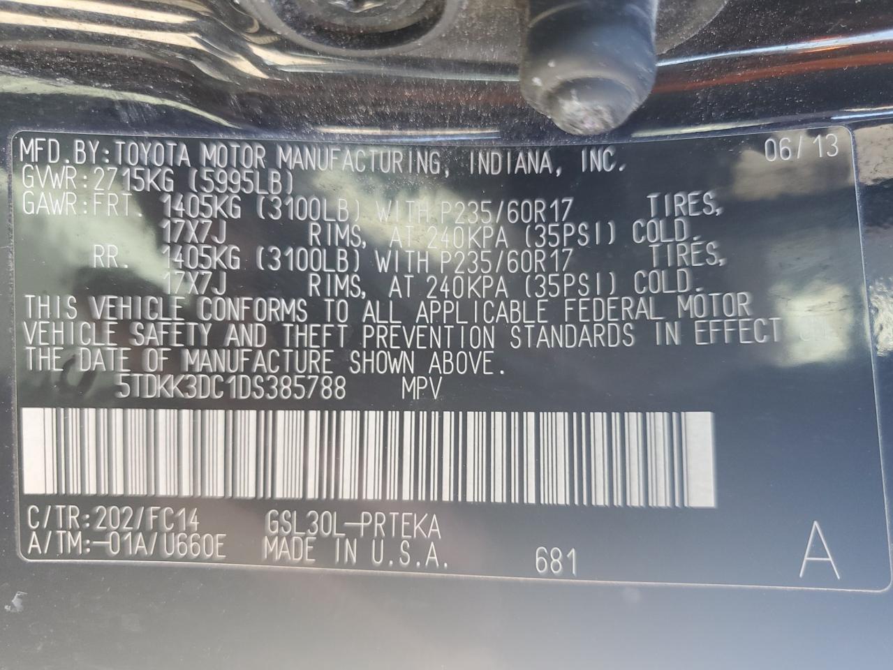 2013 Toyota Sienna VIN 5TDKK3DC1DS385788 Copart auction photo, rear end damage thumbnail 13