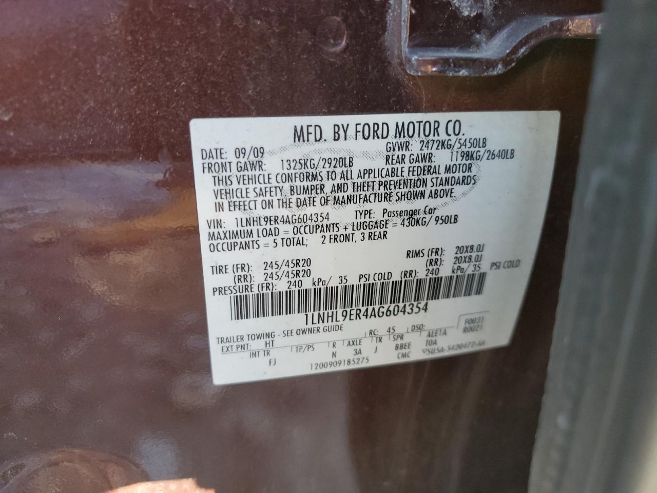 2010 Lincoln MKS VIN 1LNHL9ER4AG604354 Copart auction photo, undercarriage damage thumbnail 12