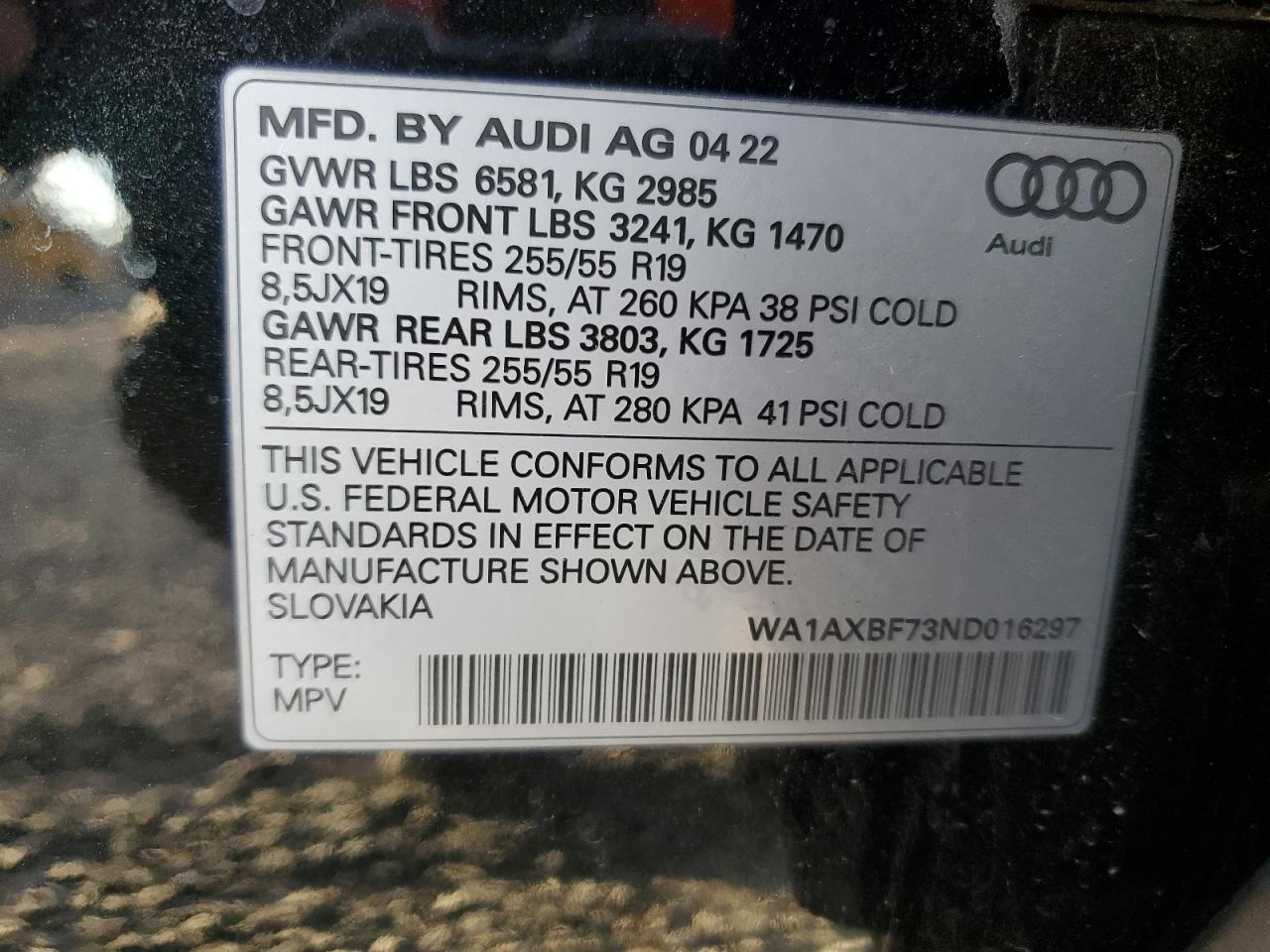 2022 Audi Q7 VIN WA1AXBF73ND016297 Copart auction photo, front end damage thumbnail 14