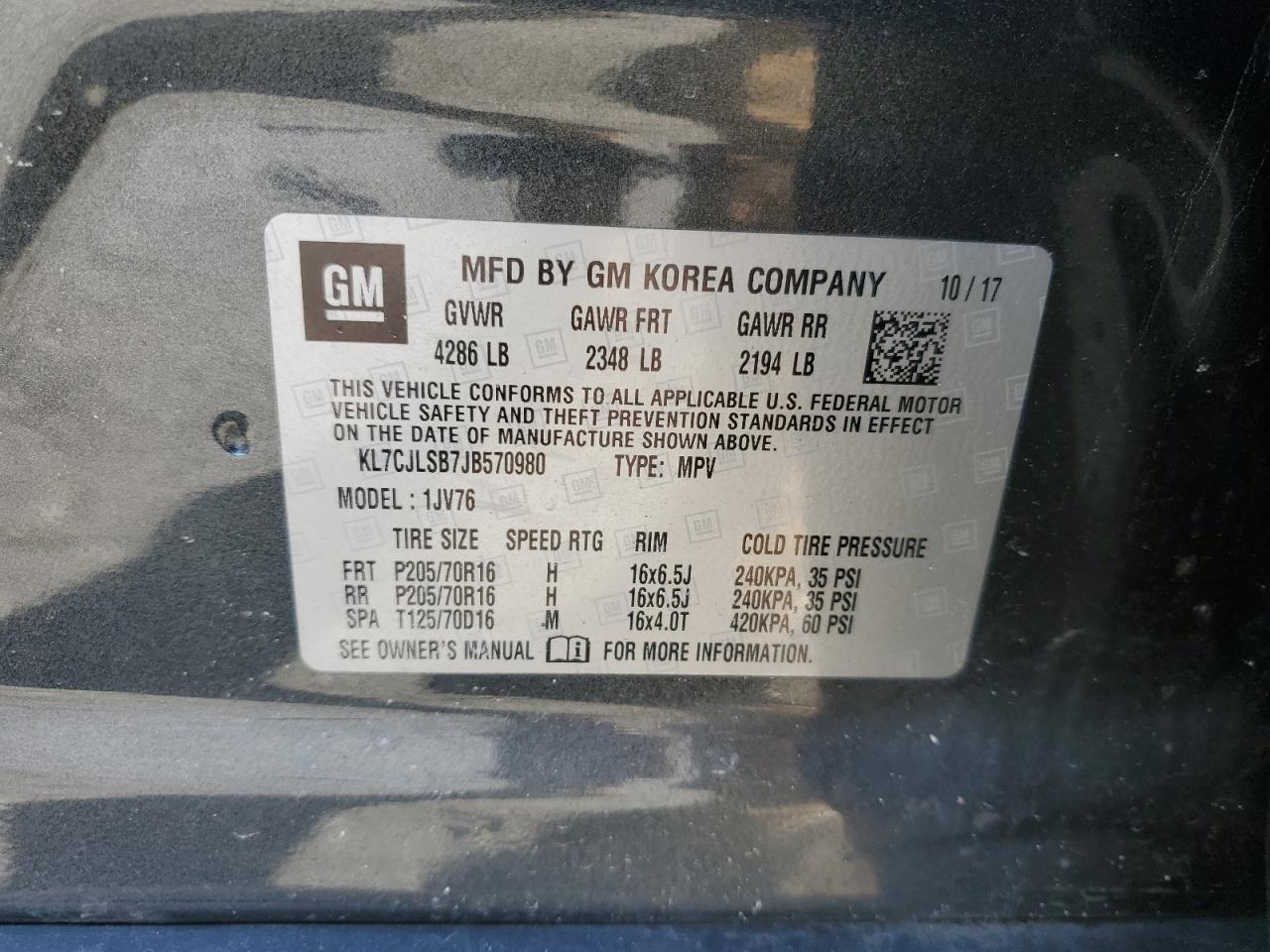 2018 Chevrolet Trax VIN KL7CJLSB7JB570980 Copart auction photo, front end / minor dent/scratches damage thumbnail 15