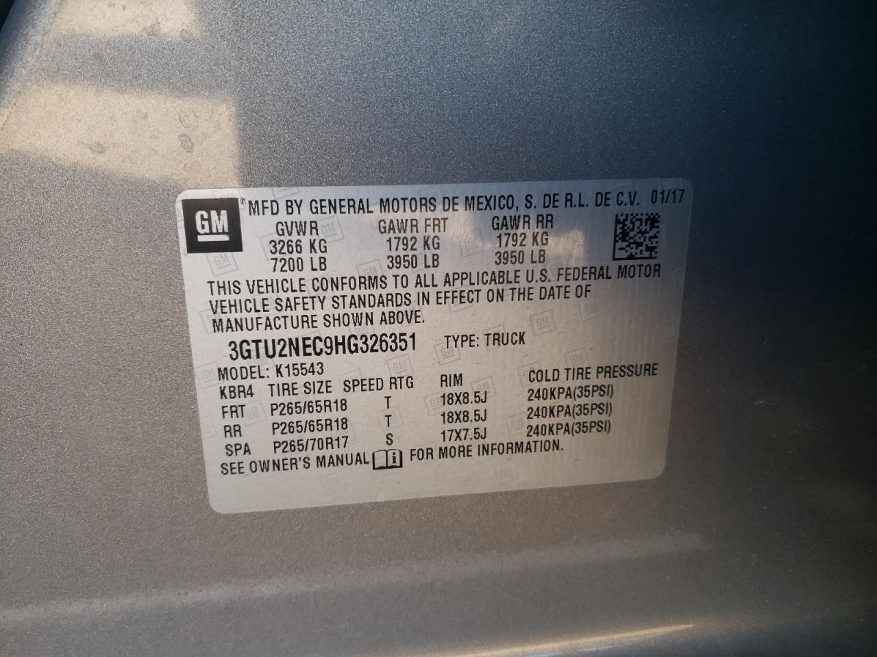 2017 GMC Sierra VIN 3GTU2NEC9HG326351 Copart auction photo, front end damage thumbnail 12