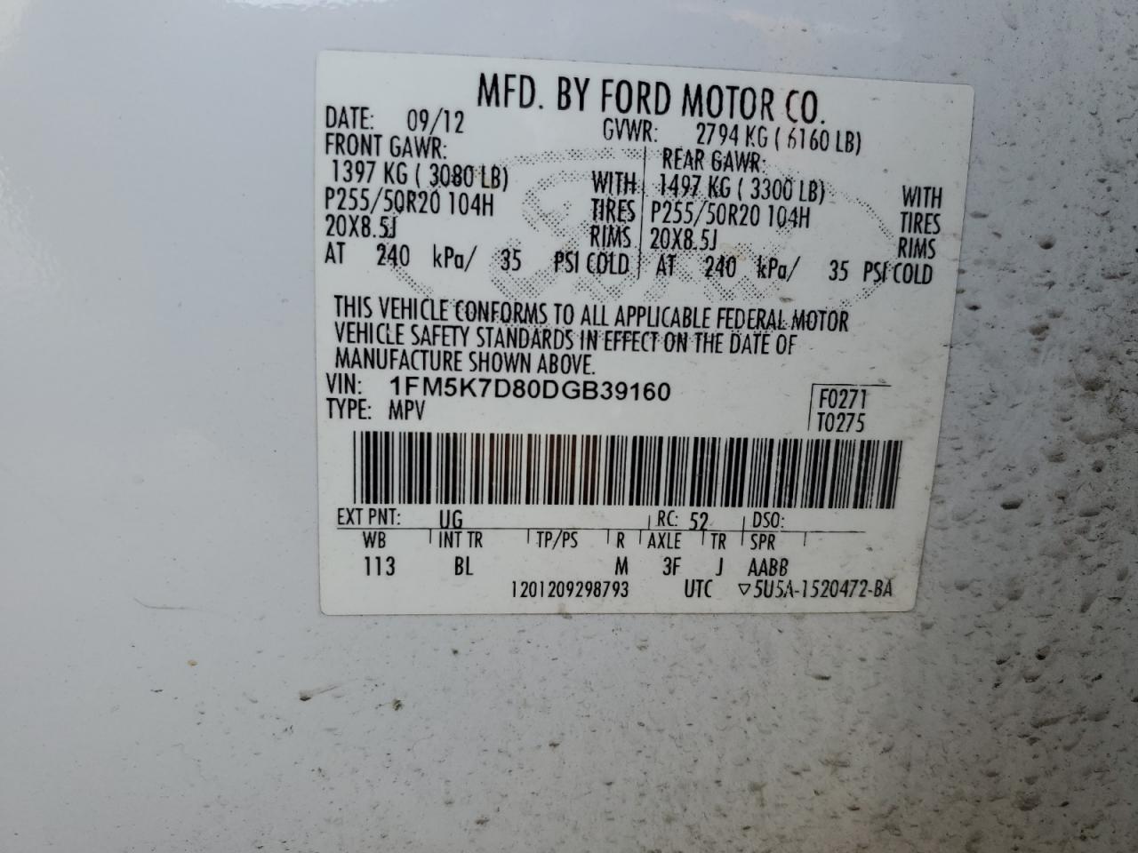 2013 Ford Explorer VIN 1FM5K7D80DGB39160 Copart auction photo, front end damage thumbnail 13