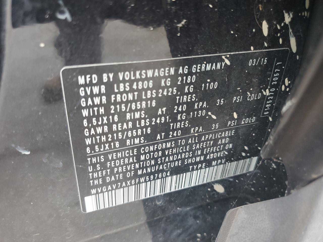 2015 Volkswagen Tiguan VIN WVGAV7AX6FW597604 Copart auction photo, front end damage thumbnail 12