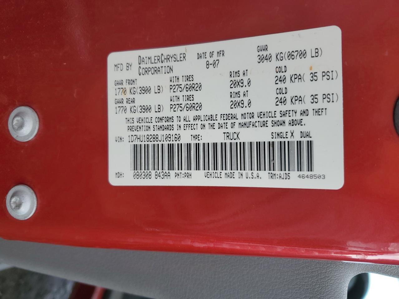 2008 Dodge RAM VIN 1D7HU18288J109160 Copart auction photo, all over damage thumbnail 12
