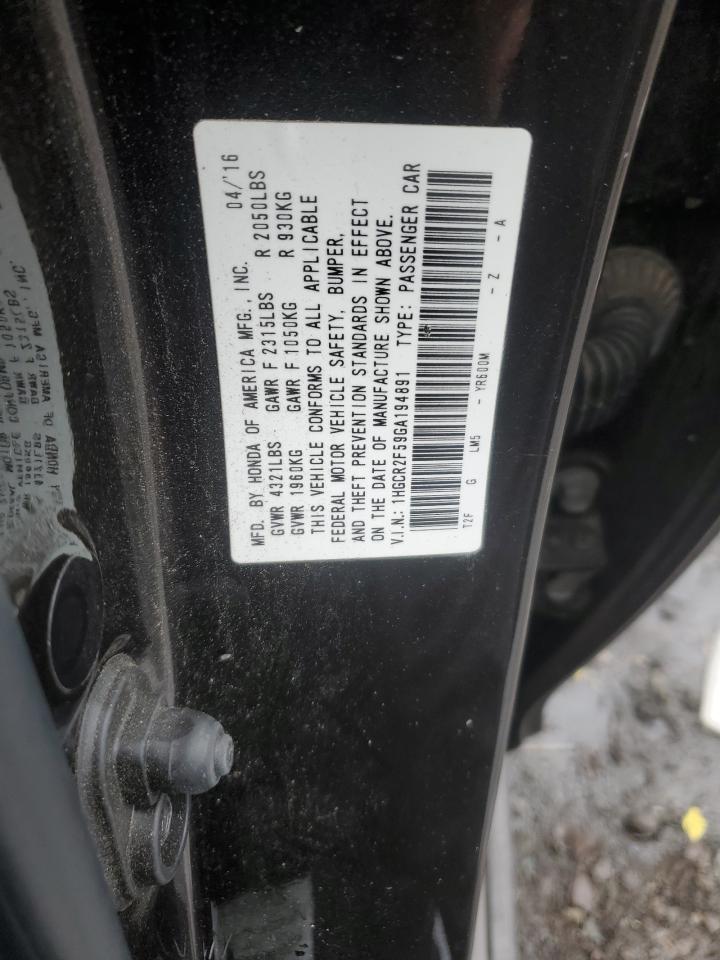 2016 Honda Accord VIN 1HGCR2F59GA194891 Copart auction photo, top/roof damage thumbnail 12