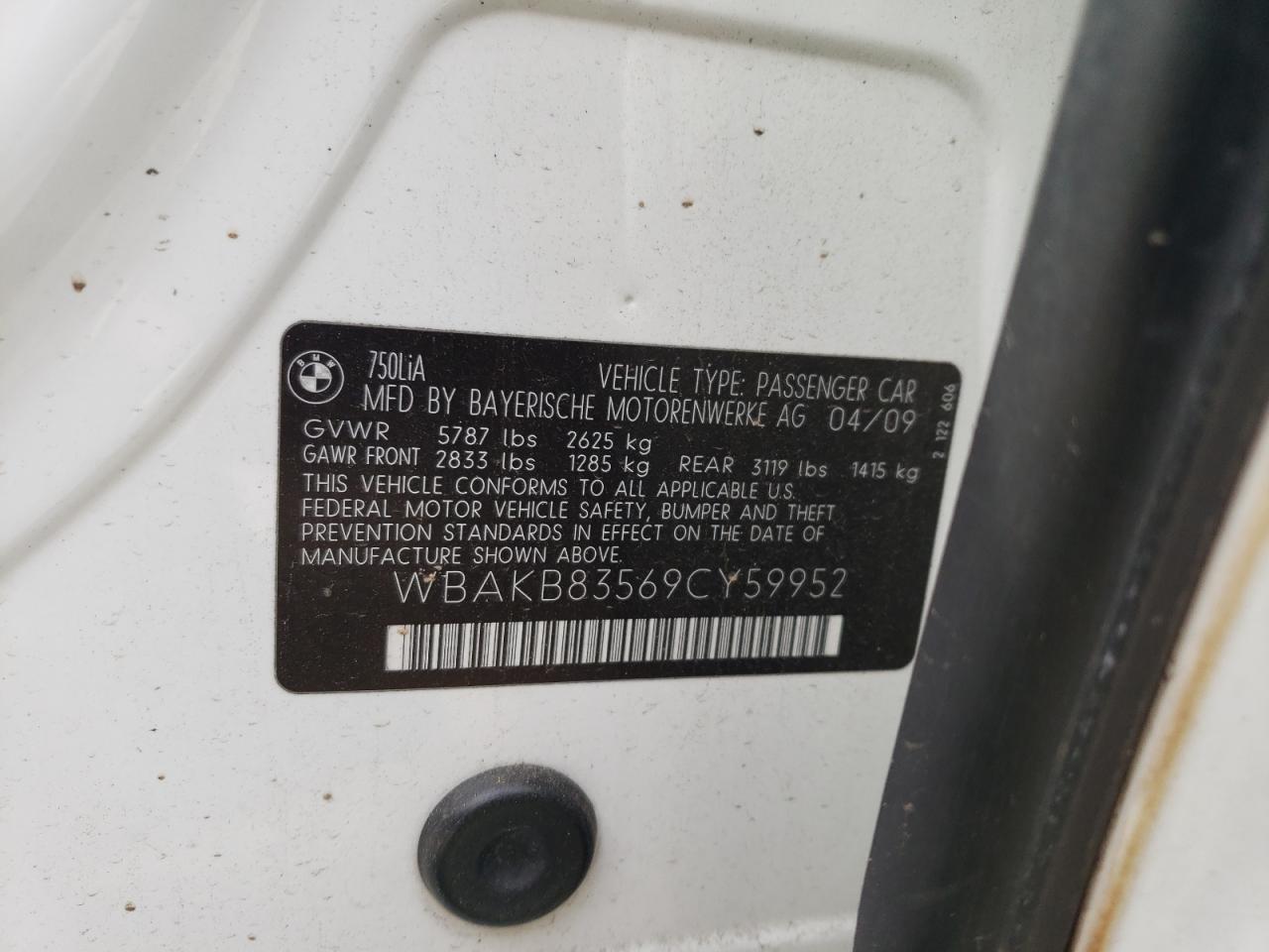 2009 BMW 7er VIN WBAKB83569CY59952 Copart auction photo, rear end / front end damage thumbnail 12