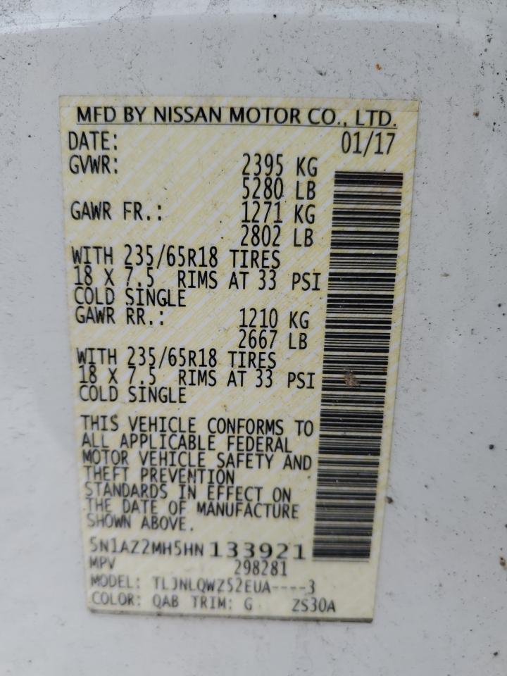 2017 Nissan Murano VIN 5N1AZ2MH5HN133921 Copart auction photo, rear end / front end damage thumbnail 13