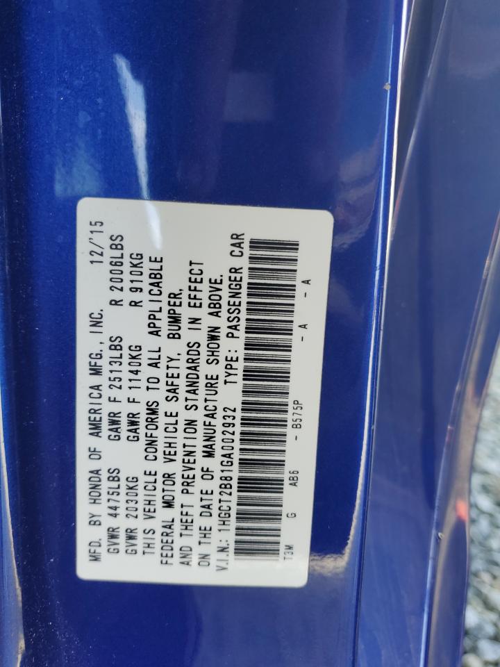 2016 Honda Accord VIN 1HGCT2B81GA002932 Copart auction photo, rear end damage thumbnail 12