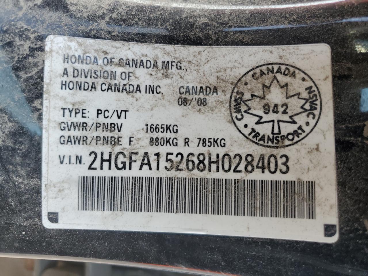 2008 Honda Civic VIN 2HGFA15268H028403 Copart auction photo, front end / side damage thumbnail 12